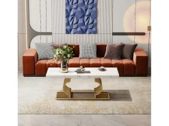 Mesa Baixa Moderna, Mesa de Coquetel de Falso Mármore com Base Geométrica, Mesa Auxiliar de Sofá Retangular, Branco e Dourado