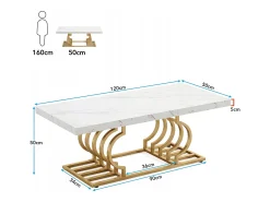 Mesa Baixa Moderna, Mesa de Coquetel de Falso Mármore com Base Geométrica, Mesa Auxiliar de Sofá Retangular, Branco e Dourado