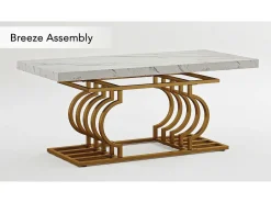 Mesa Baixa Moderna, Mesa de Coquetel de Falso Mármore com Base Geométrica, Mesa Auxiliar de Sofá Retangular, Branco e Dourado