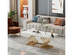 Mesa Baixa Moderna, Mesa de Coquetel de Falso Mármore com Base Geométrica, Mesa Auxiliar de Sofá Retangular, Branco e Dourado