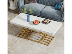 Mesa Baixa Moderna, Mesa de Coquetel de Falso Mármore com Base Geométrica, Mesa Auxiliar de Sofá Retangular, Branco e Dourado