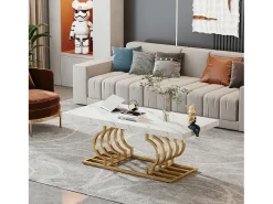 Mesa Baixa Moderna, Mesa de Coquetel de Falso Mármore com Base Geométrica, Mesa Auxiliar de Sofá Retangular, Branco e Dourado