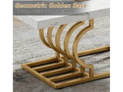 Mesa Baixa Moderna, Mesa de Coquetel de Falso Mármore com Base Geométrica, Mesa Auxiliar de Sofá Retangular, Branco e Dourado