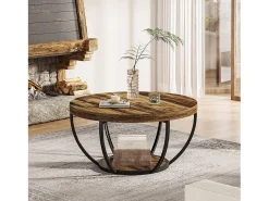 Mesa baixa redonda industrial com dois níveis e prateleiras de armazenamento, mesa central moderna em madeira de 80 cm