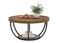 Mesa baixa redonda industrial com dois níveis e prateleiras de armazenamento, mesa central moderna em madeira de 80 cm