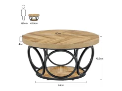 Mesa Baixa Redonda, Mesa de Sala, Mesa do Sofá, Estrutura de Metal, Mesa Baixa de 2 andares, Mesa Baixa, Fácil de Montar, Grão de Madeira