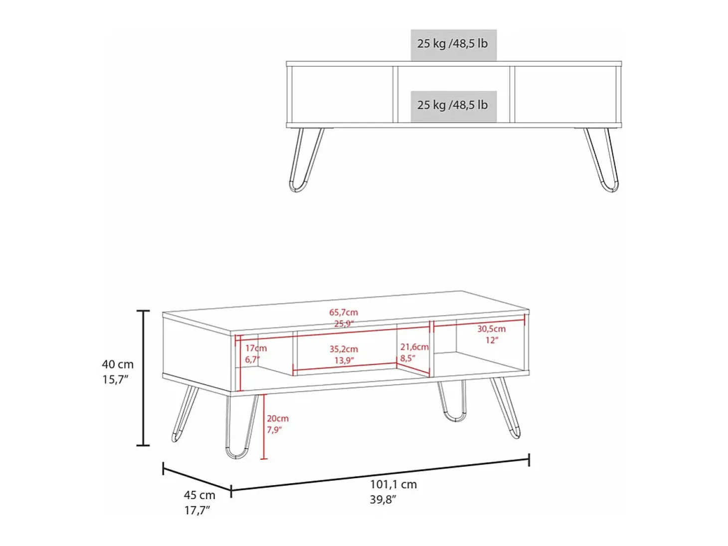 Mesa central Genoa em melamina com 3 prateleiras , Cinzento , 40 cm X 101,1 cm X 45 cm