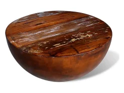 Mesa centro c/ forma de tigela e base de aço, madeira reciclada