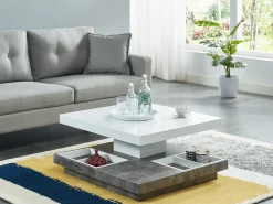 Mesa centro FAUSTO Tampo giratório MDF lacado branco e betão