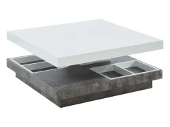 Mesa centro FAUSTO Tampo giratório MDF lacado branco e betão