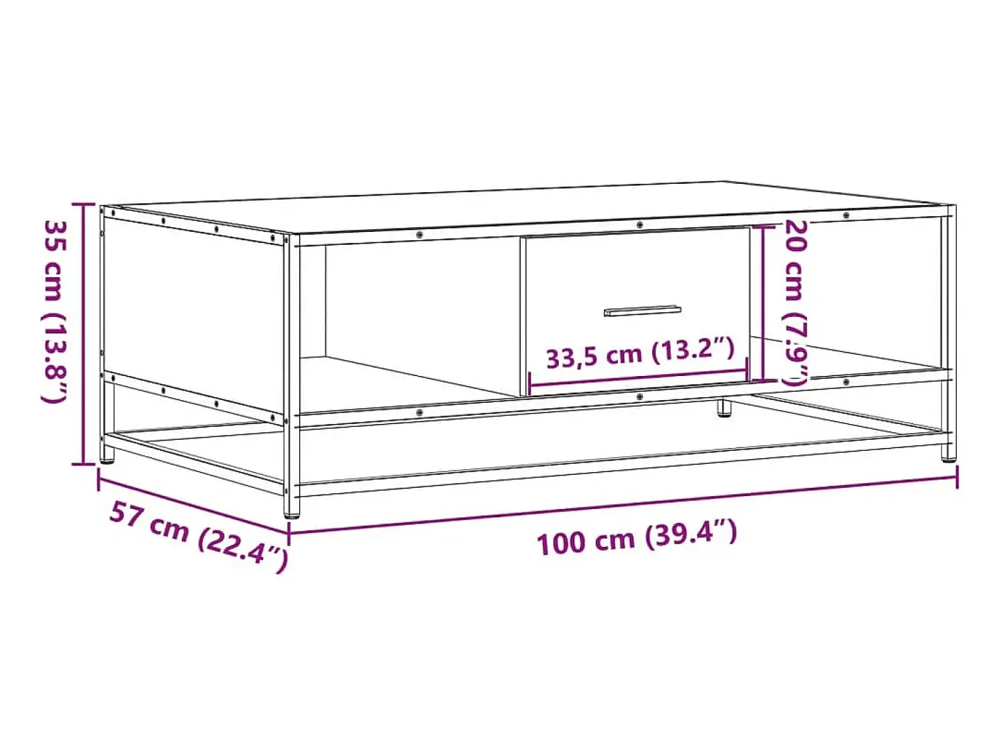 Mesa centro 100x57x35 cm deriv. madeira/metal carvalho castanho