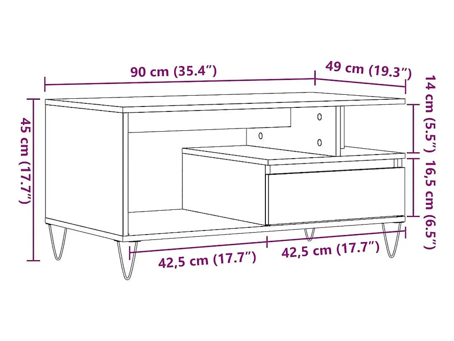Mesa centro 90x49x45 cm derivados de madeira carvalho artisiano
