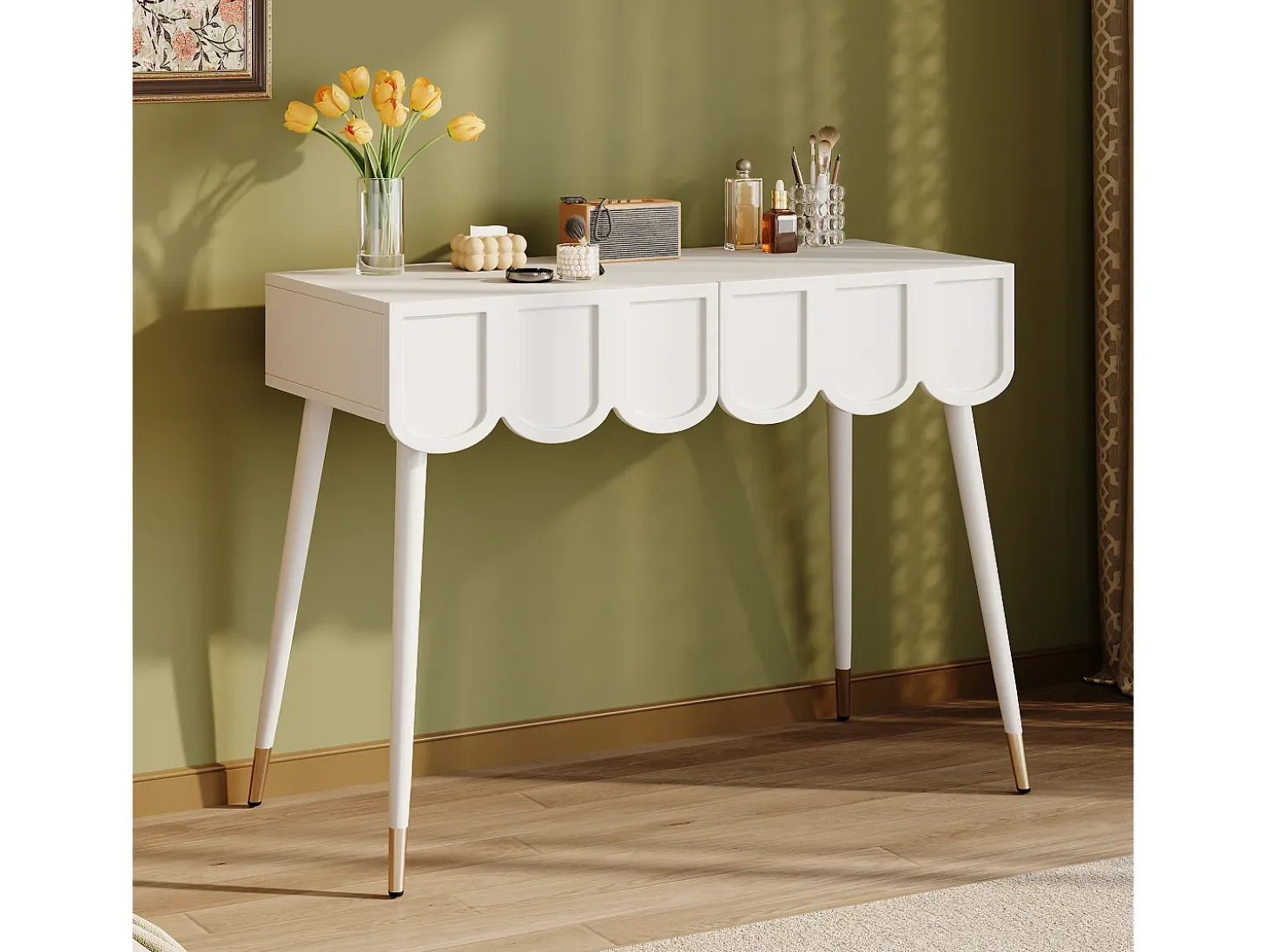 Mesa consola com 2 gavetas em forma de nuvem - Pés em metal - Branco e dourado