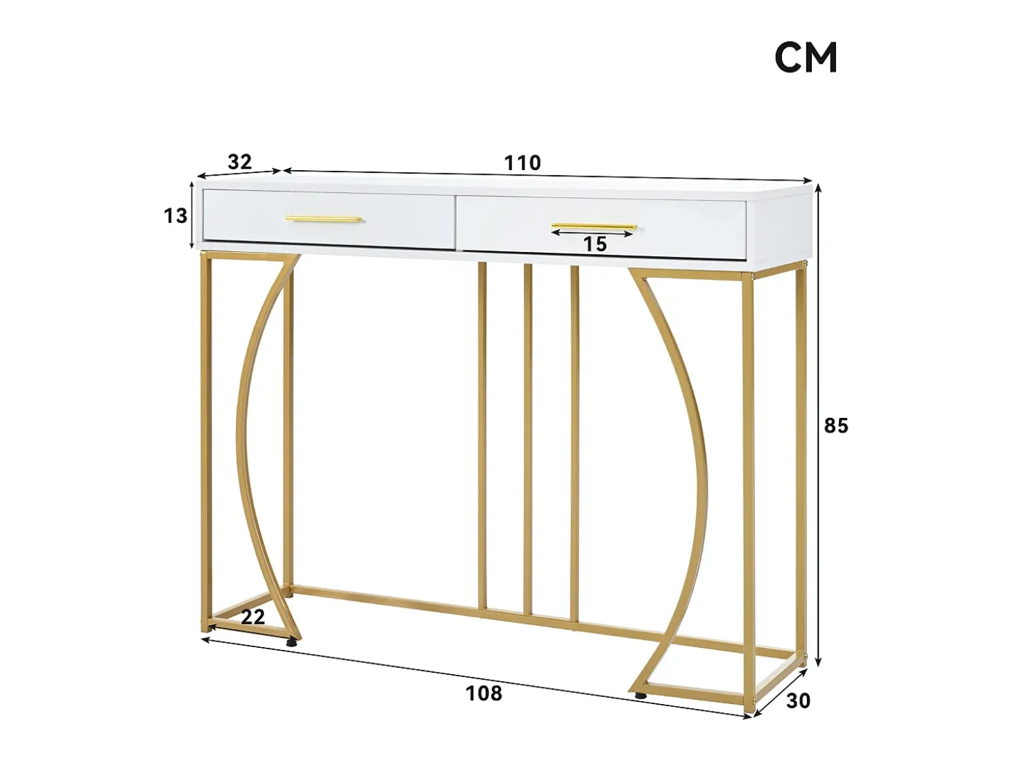 Mesa consola com 2 gavetas - Pés em metal dourado - Branco 110x32x85 cm