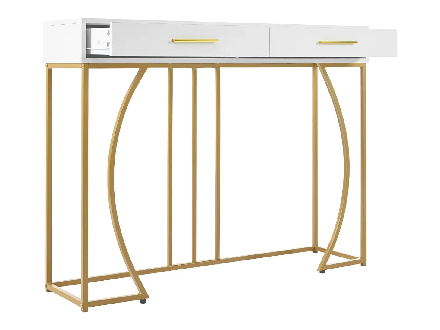 Mesa consola com 2 gavetas - Pés em metal dourado - Branco 110x32x85 cm