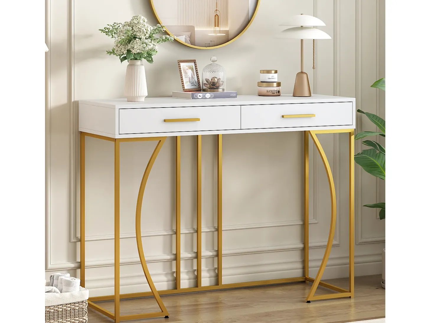 Mesa consola com 2 gavetas - Pés em metal dourado - Branco 110x32x85 cm