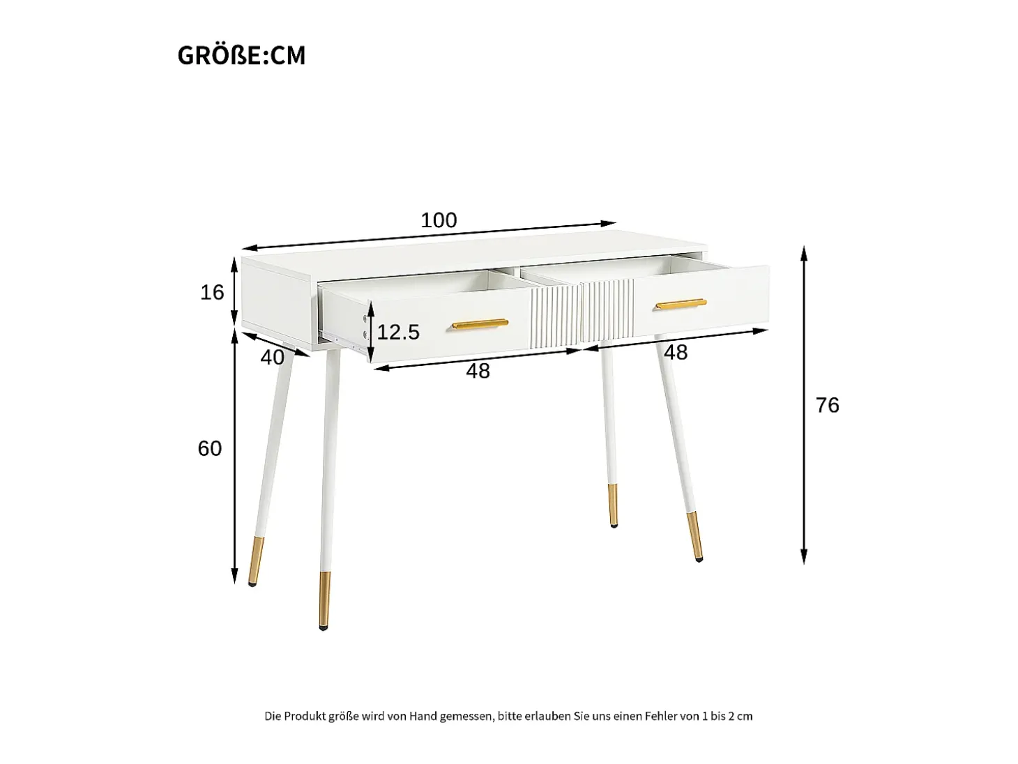 Mesa consola com 2 gavetas - Pés em metal - Branco e dourado
