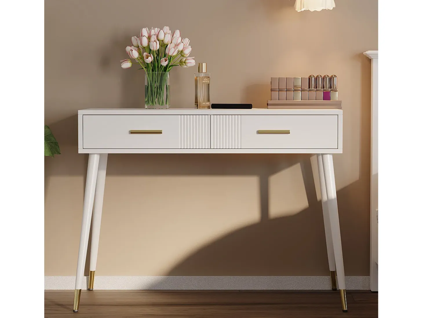 Mesa consola com 2 gavetas - Pés em metal - Branco e dourado