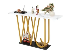 Mesa consola com pés em metal dourado - Tampo com efeito mármore 120 x 29,5 x 80 cm