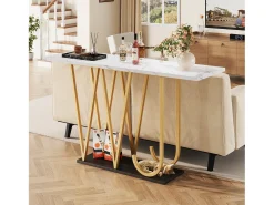 Mesa consola com pés em metal dourado - Tampo com efeito mármore 120 x 29,5 x 80 cm