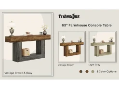 Mesa consola de 160 cm de comprimento, mesa de entrada de 2 níveis, mesa de sofá com arrumação, mesa de sofá de madeira de quinta para sala de estar, corredor