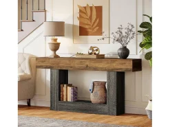 Mesa consola de 160 cm de comprimento, mesa de entrada de 2 níveis, mesa de sofá com arrumação, mesa de sofá de madeira de quinta para sala de estar, corredor