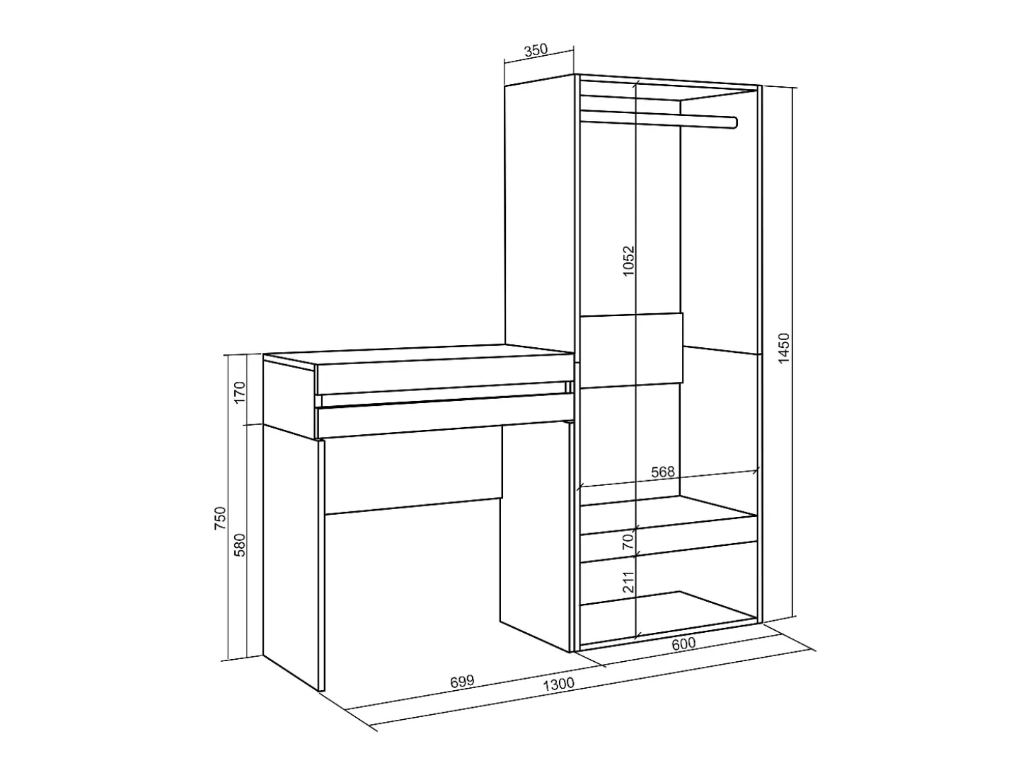 Mesa consola de entrada, 130x35x145cm, Com gaveta, Roupeiro aberto, Branco