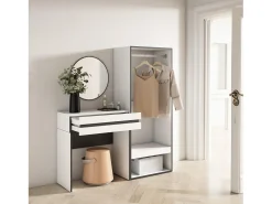 Mesa consola de entrada, 130x35x145cm, Com gaveta, Roupeiro aberto, Branco