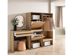 Mesa consola de entrada, 190x35x145cm, Com gaveta, Sapateira, Roupeiro aberto, Carvalho