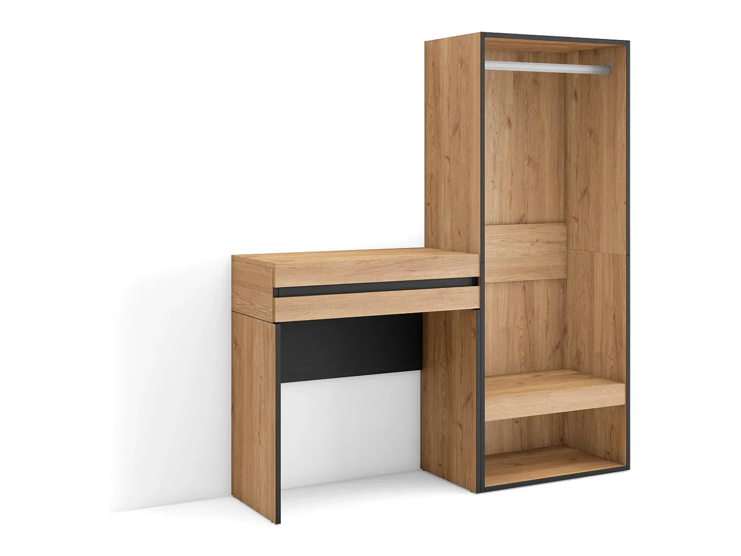 Mesa consola de entrada, 130x35x145cm, Com gaveta, Roupeiro aberto, Carvalho