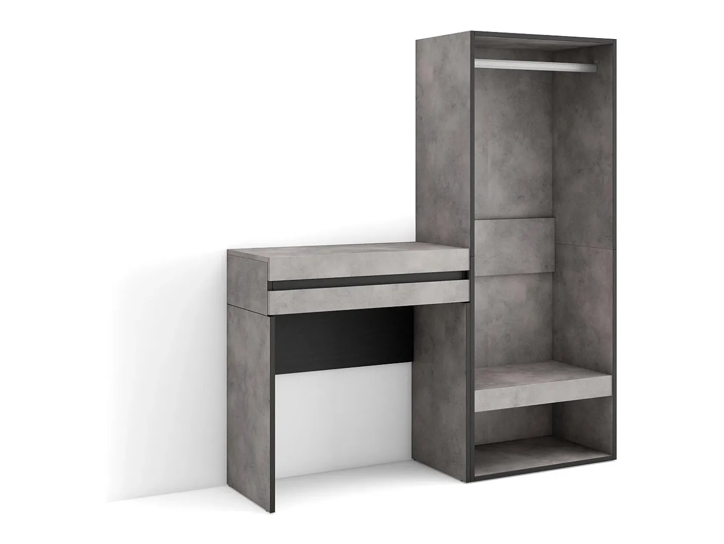 Mesa consola de entrada, 130x35x145cm, Com gaveta, Roupeiro aberto, Cimento