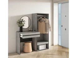 Mesa consola de entrada, 130x35x145cm, Com gaveta, Roupeiro aberto, Cimento