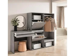 Mesa consola de entrada, 190x35x145cm, Com gaveta, Sapateira, Roupeiro aberto, Cimento