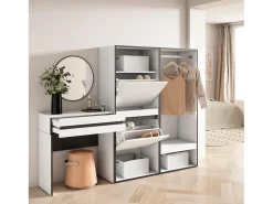 Mesa consola de entrada, 190x35x145cm, Com gaveta, Sapateira, Roupeiro aberto, Branco