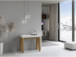 Mesa consola extensível 90x40/300 cm Naxy Mix plano Cinza Branca - estrutura Carvalho Natural