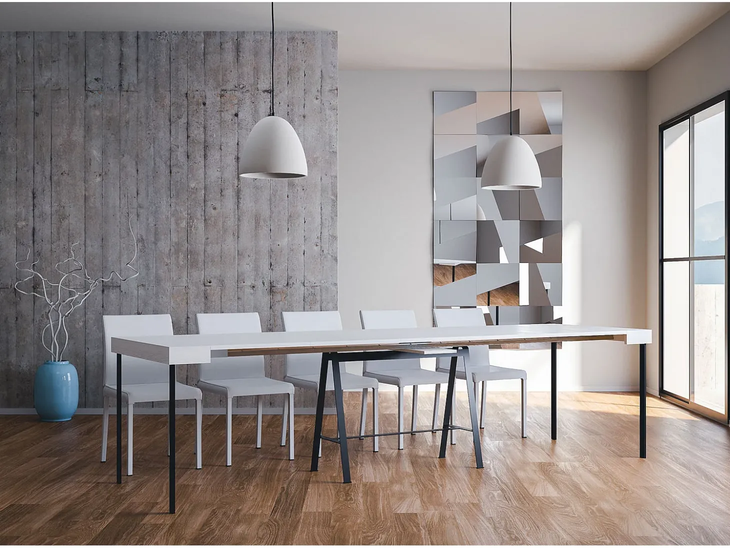 Mesa consola extensível 90x40/300 cm Banco Evolution Cinza Branca quadro Antracite