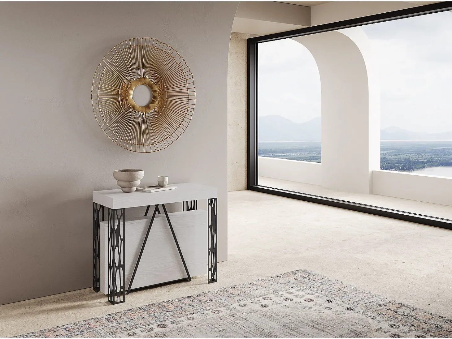 Mesa consola extensível 90x40/300 cm Kerpa cinza branca quadro antracite