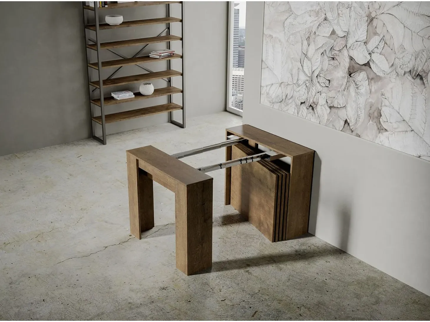 Mesa consola extensível 90x48/296 cm Venus Nogueira extensões internas