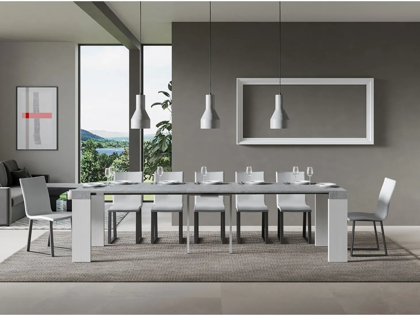 Mesa consola extensível 90x40/300 cm Roxell Mix plano Cimento - estrutura Cinza Branca
