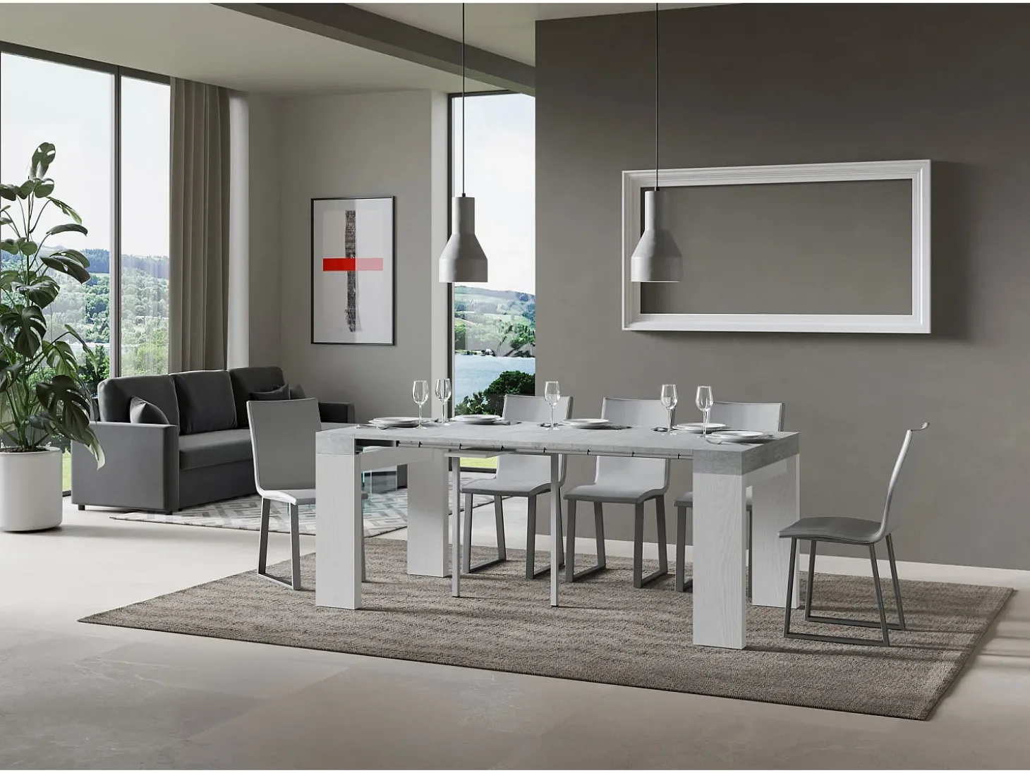 Mesa consola extensível 90x40/300 cm Roxell Mix plano Cimento - estrutura Cinza Branca