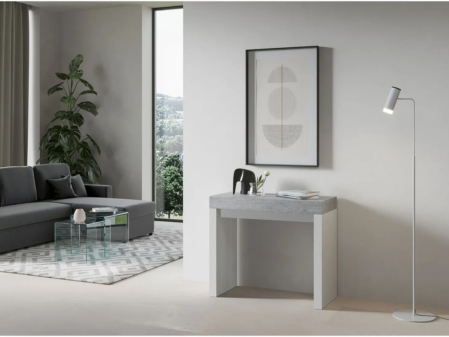 Mesa consola extensível 90x40/300 cm Roxell Mix plano Cimento - estrutura Cinza Branca