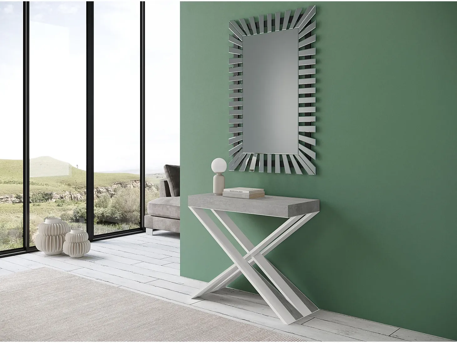 Mesa consola extensível 90x40/300 cm Diago Cimento quadro Branco