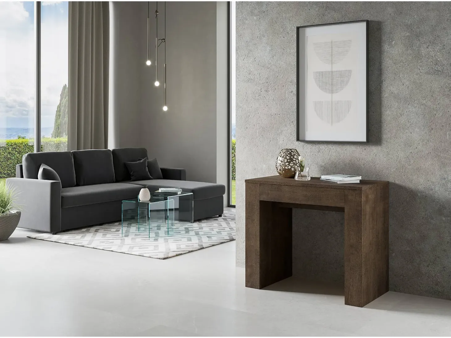 Mesa consola extensível 90x49/307 cm Extra Nogueira extensões internas