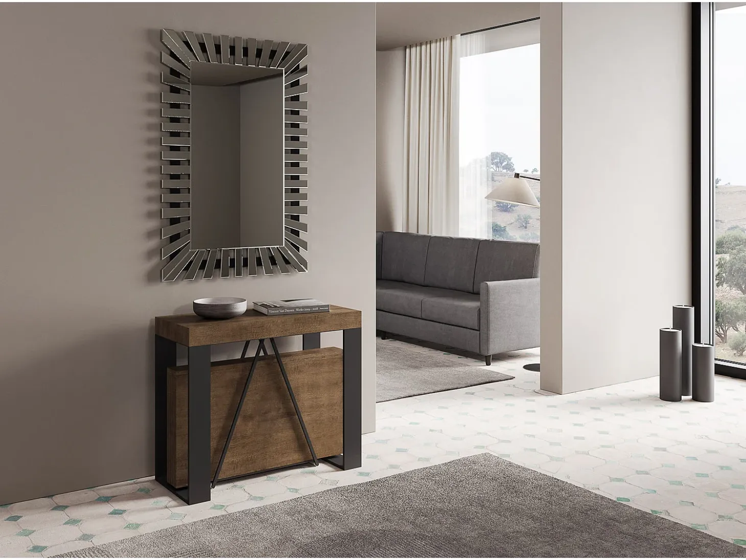 Mesa consola extensível 90x40/196 cm Zamat Small nogueira quadro antracite