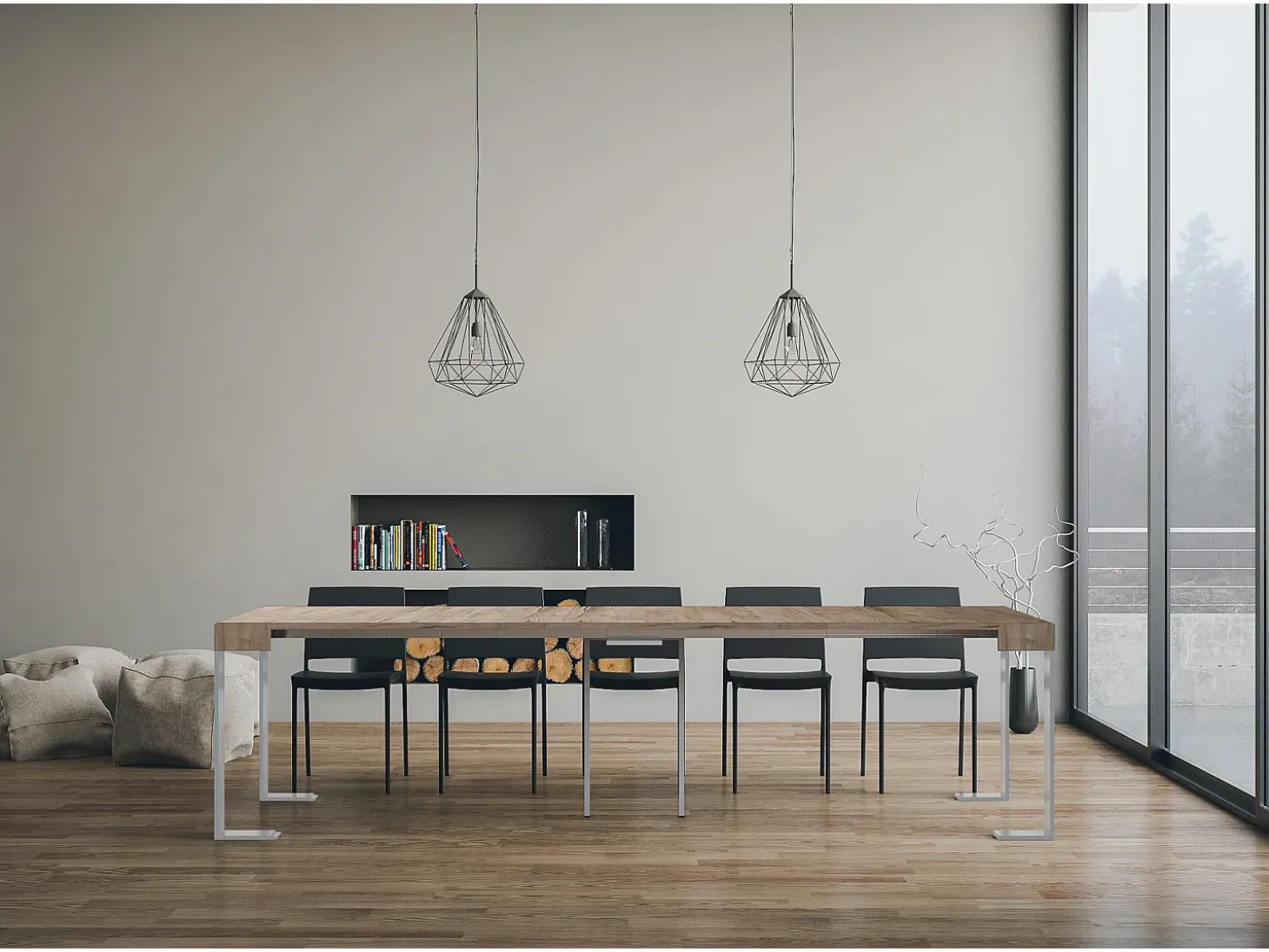 Mesa consola extensível 90x40/300 cm Tecno Carvalho Natural quadro Branco