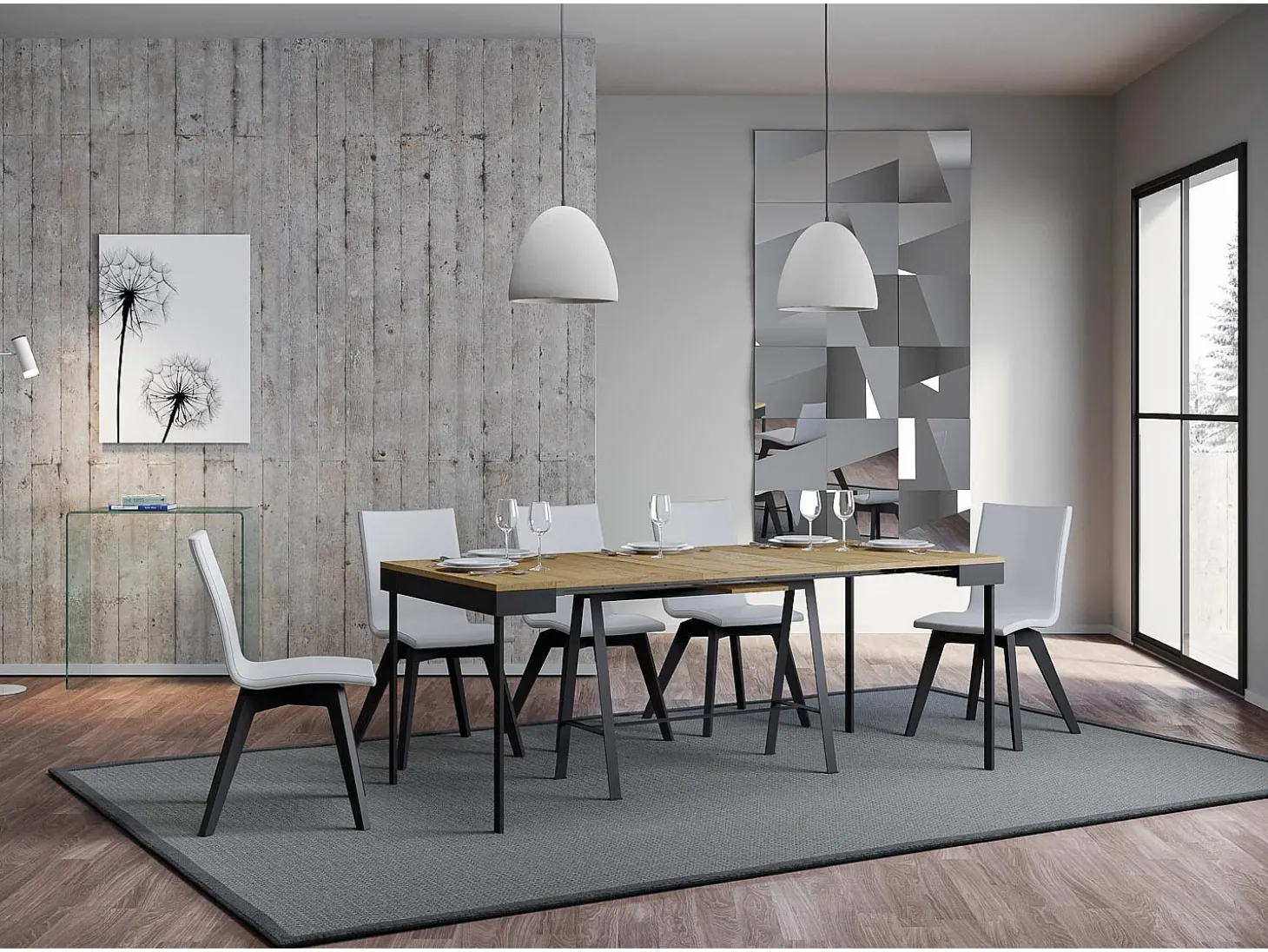 Mesa consola extensível 90x40/300 cm Banco Evolution Carvalho Natural quadro Antracite