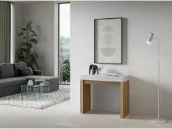 Mesa consola extensível 90x40/196 cm Roxell Mix Small plano Cinza Branca - estrutura Carvalho Natural
