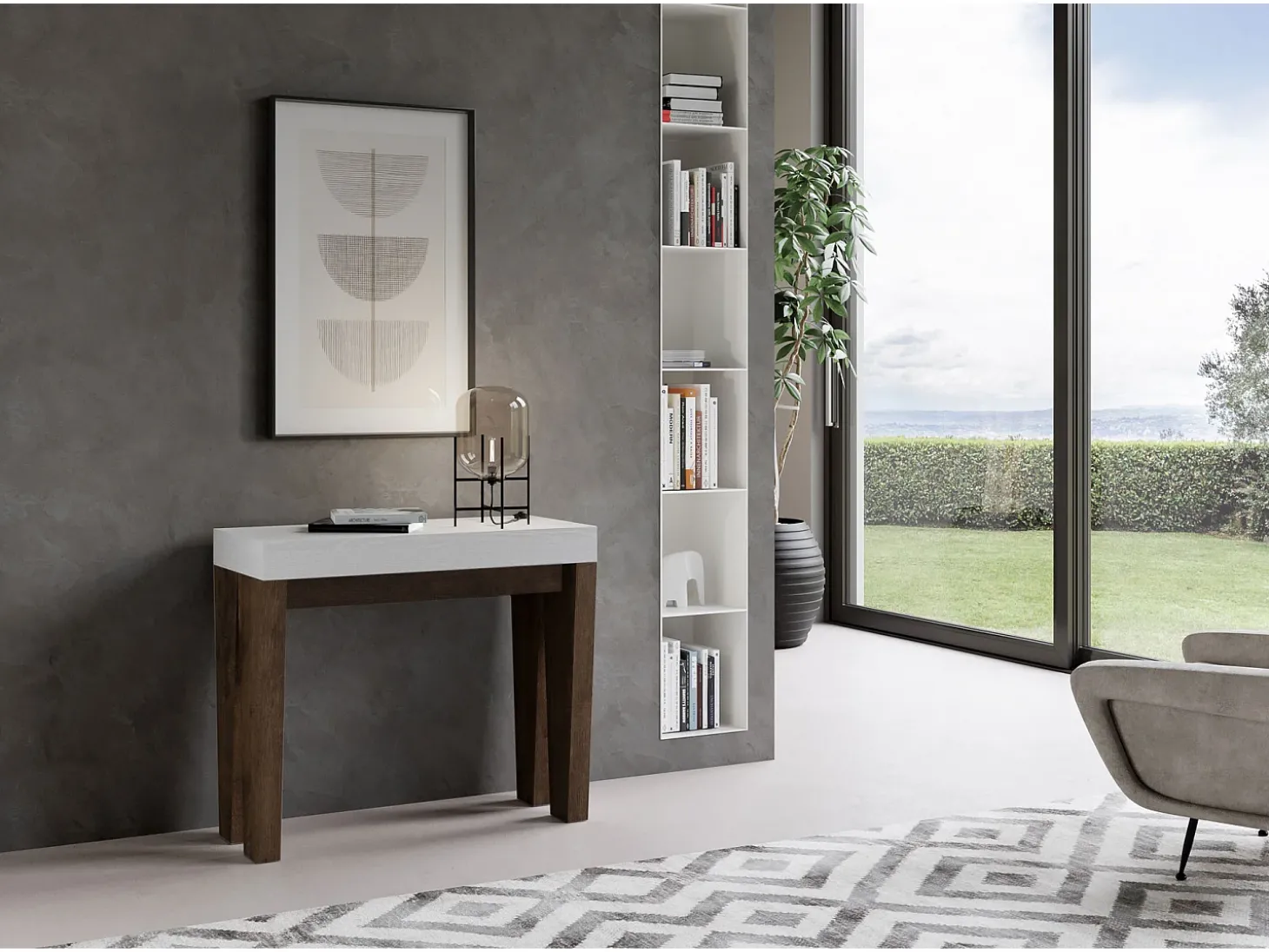 Mesa consola extensível 90x40/300 cm Spimbo Mix plano Cinza Branca - estrutura Nogueira