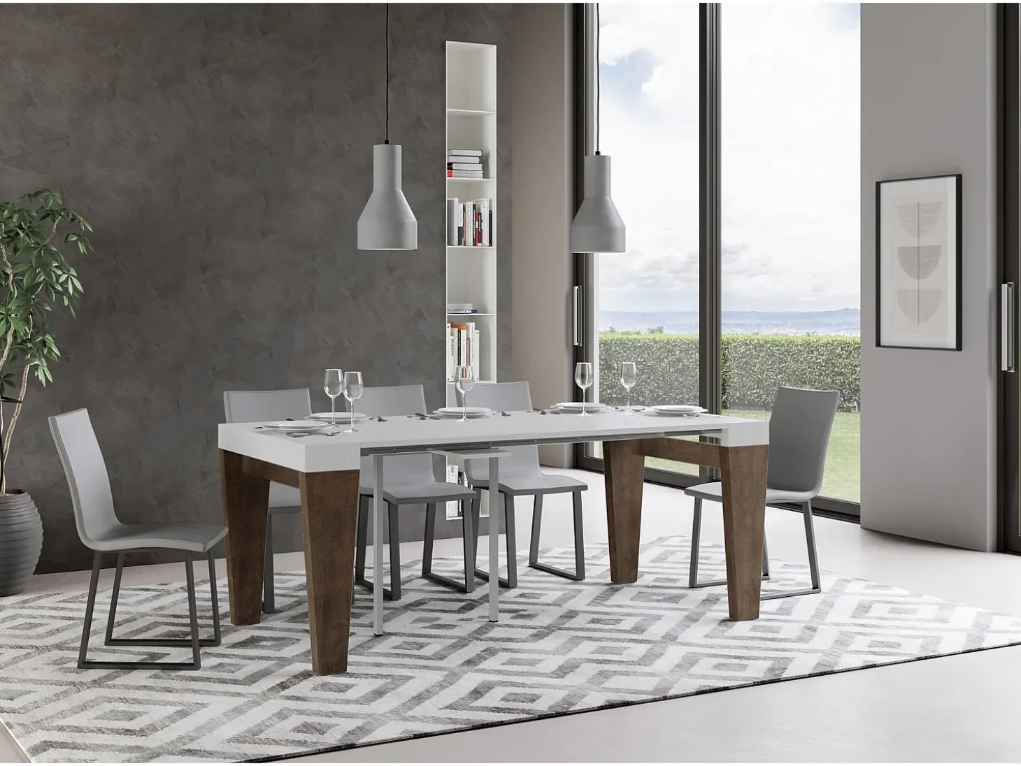 Mesa consola extensível 90x40/300 cm Spimbo Mix plano Cinza Branca - estrutura Nogueira
