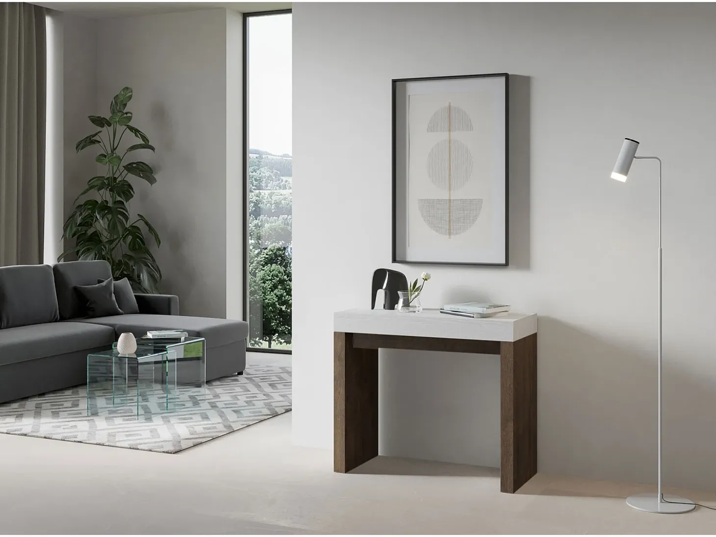 Mesa consola extensível 90x40/196 cm Roxell Mix Small plano Cinza Branca - estrutura Nogueira